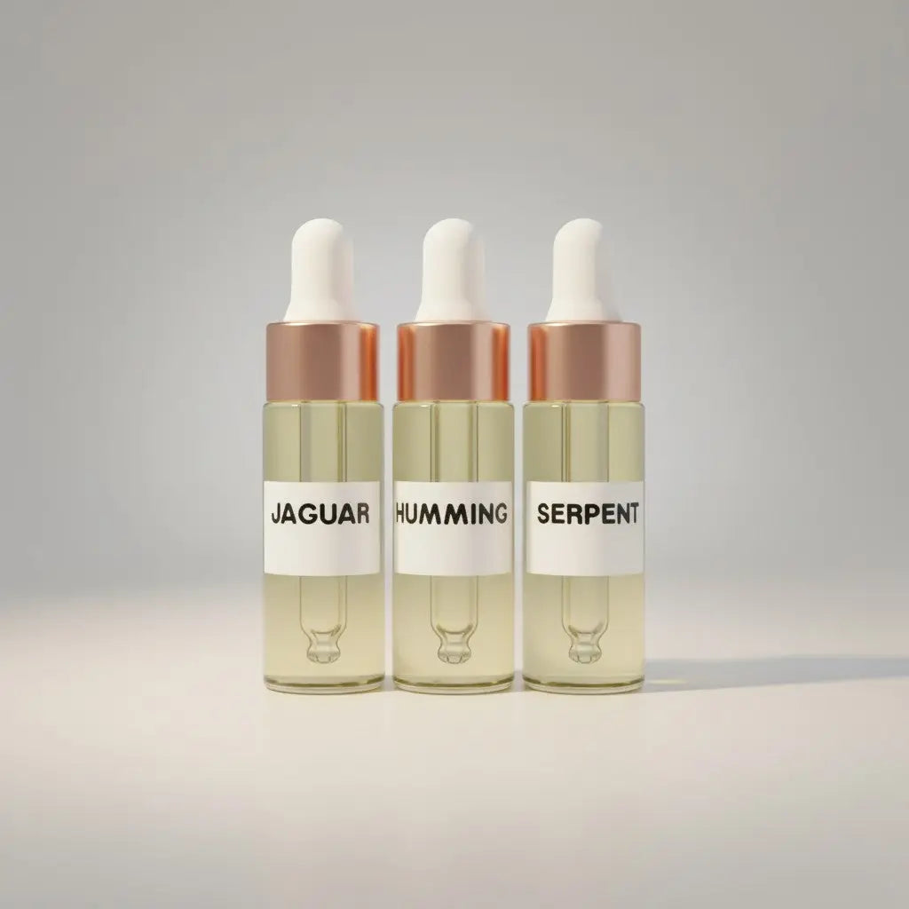 Three clear glass dropper bottles with rose gold caps in a mini perfume oil set for travel size perfume oils