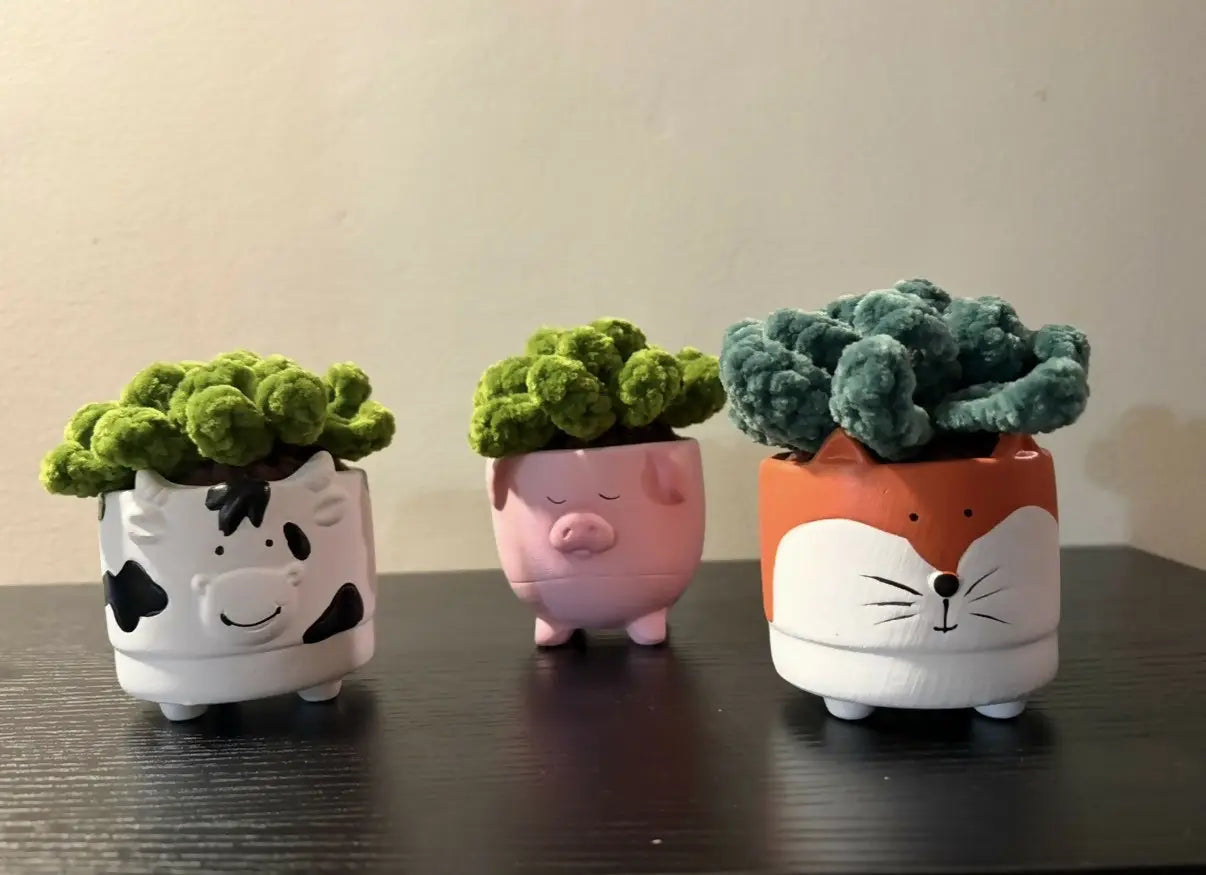 Three whimsical handmade ceramic animal pots in white black pink and orange filled with green agave plants for decor