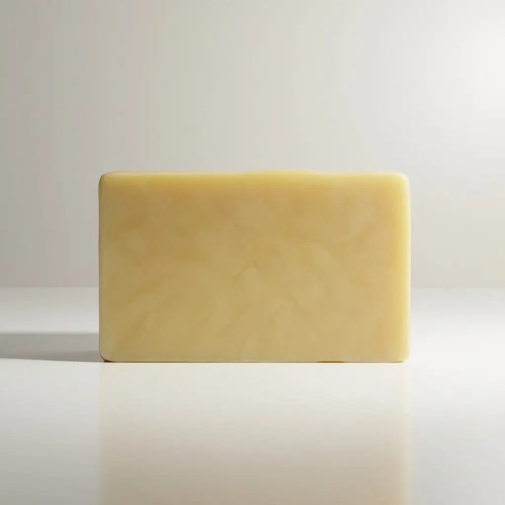 A rectangular pale yellow hand poured pharmaceutical grade beeswax soap bar with a smooth textured surface