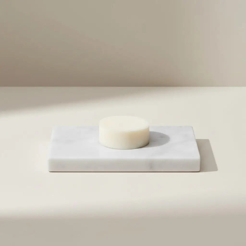 White marble soap dish holding a round off-white lavender chamomile conditioner bar made from natural ingredients