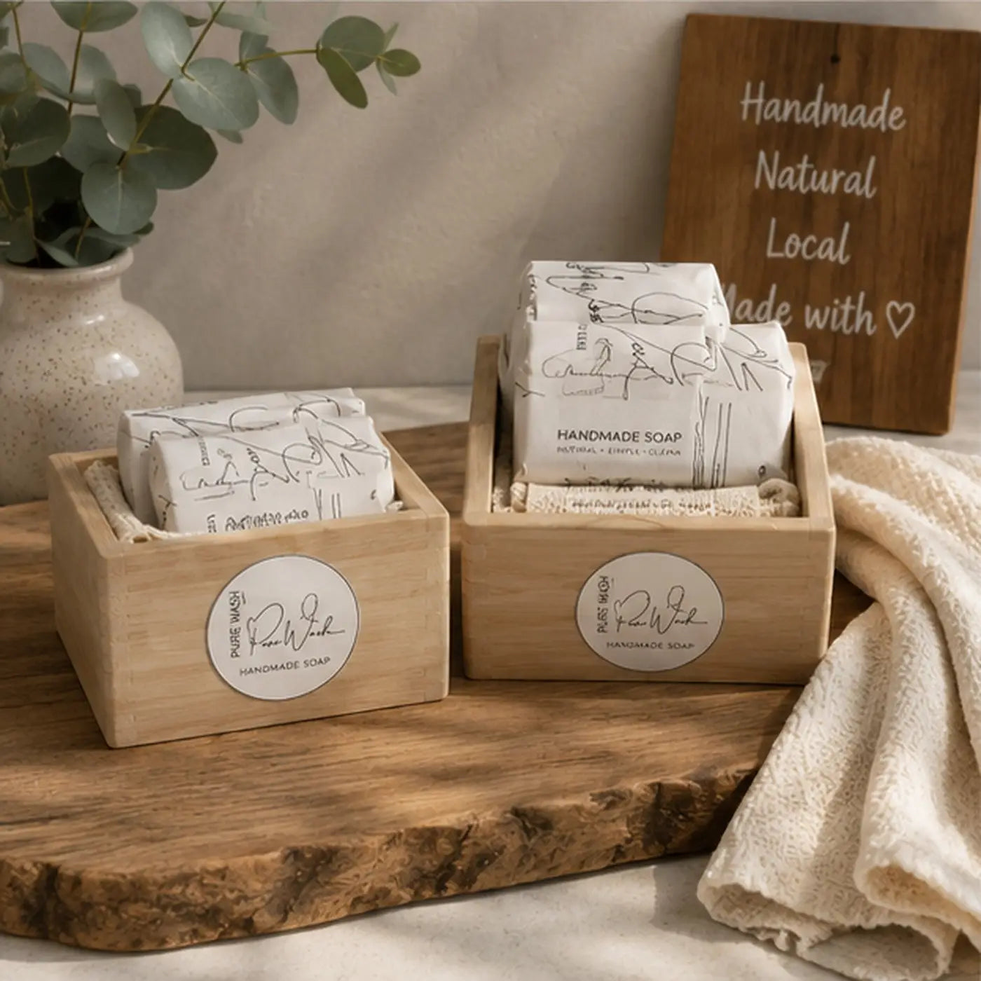 Natural soap gift box featuring handmade soap set wrapped in white paper with black drawings inside wooden box soap