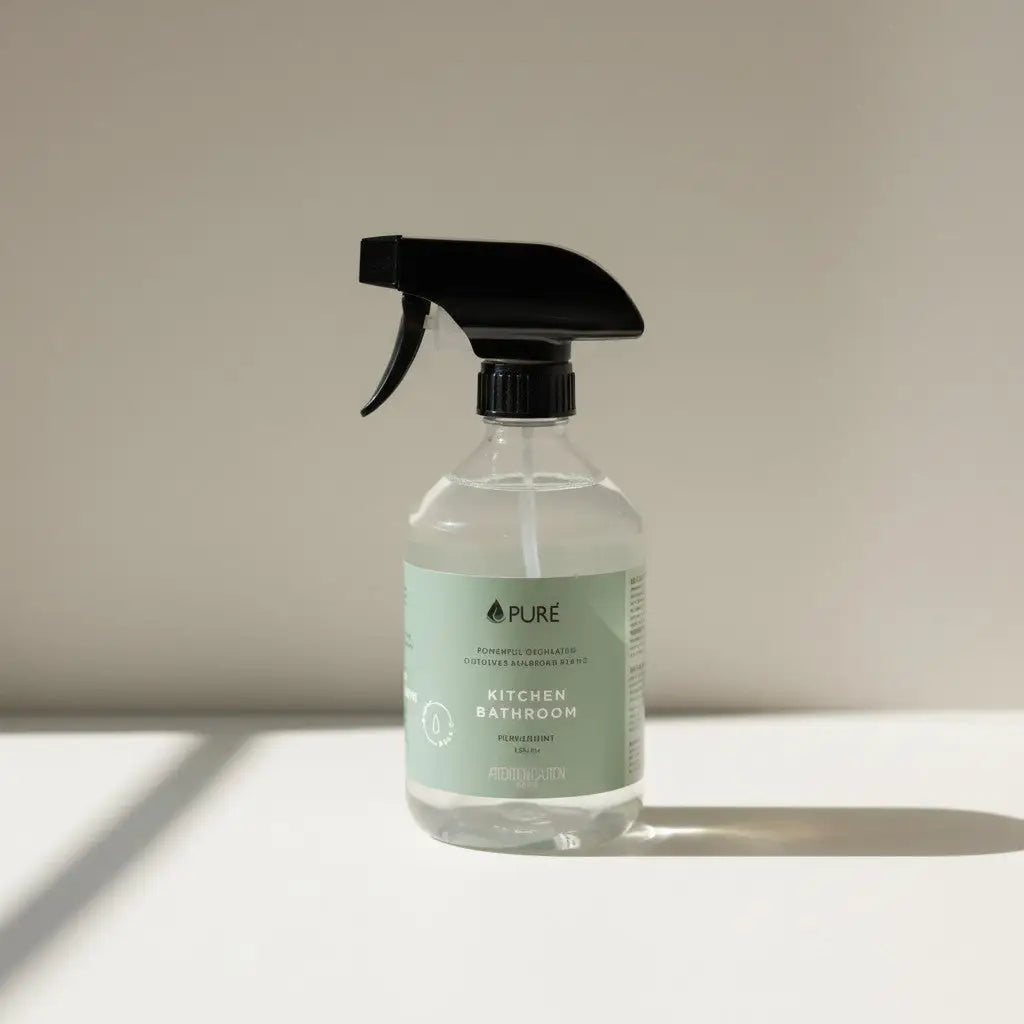 Clear glass spray bottle with black trigger labeled pure kitchen bathroom for instore refill and acid synthetic cleaning