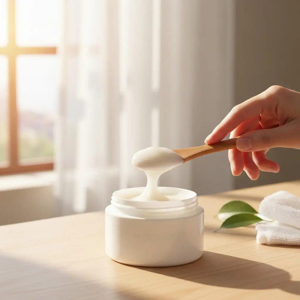 A white ceramic jar of quench it serum refill filled with creamy lotion scooped with wooden spoon for refill station use