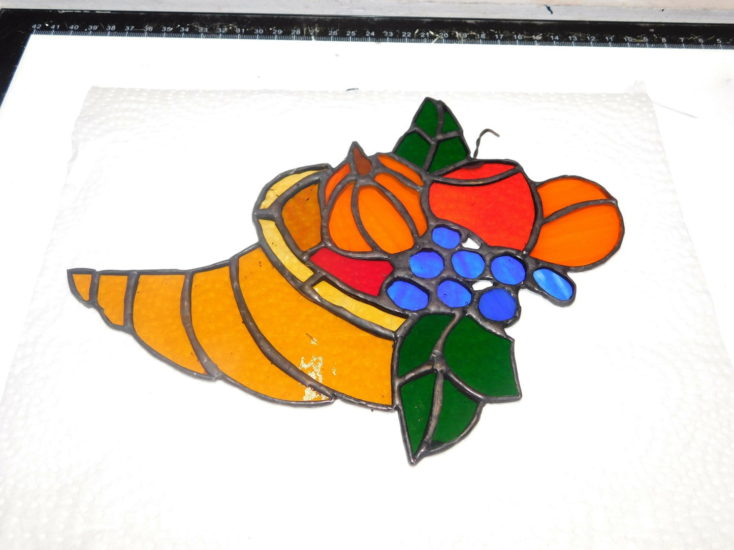 stained glass cornucopia - signifying bounty, displays several traditional fall colors with variety of fruit & berries. Its big at 9 1/2 x 7 - Pure Wash Canadian Made - Winnipeg