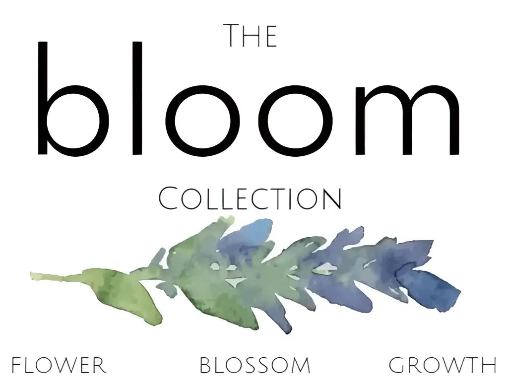 The bloom collection logo features a watercolor lavender design with bold typography for handmade soap canada pure wash