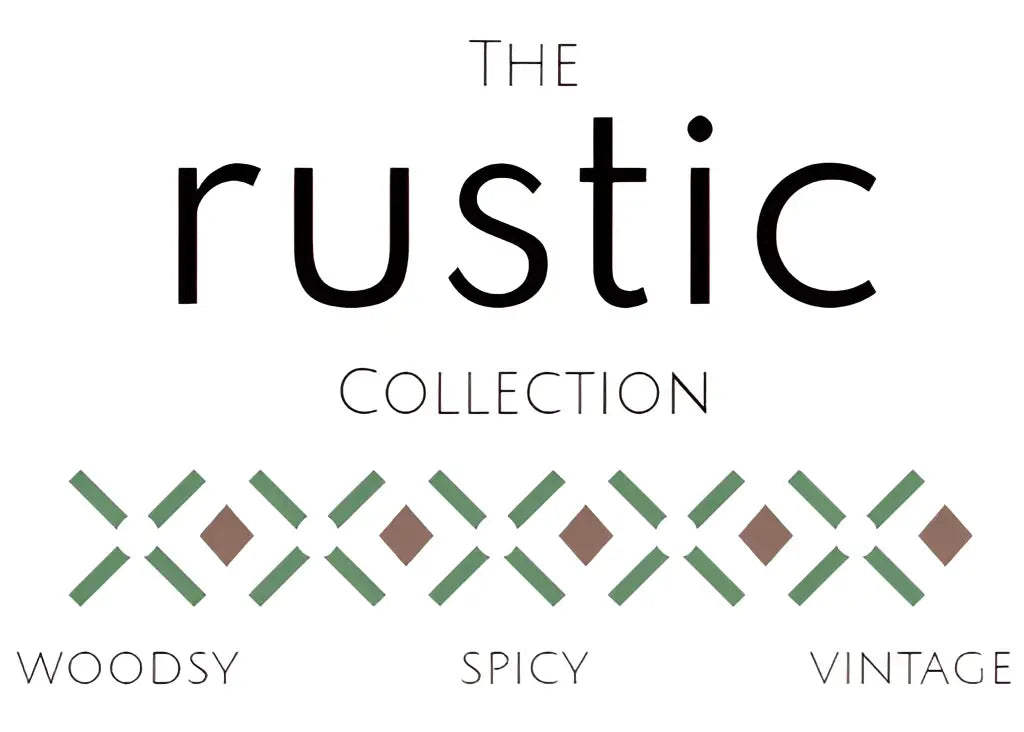 The rustic collection logo features bold black lettering with green and brown geometric patterns for handmade soap canada