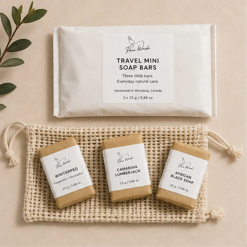 Pure Wash travel mini soap bars with a beige mesh soap bag, sized for a gym bag or suitcase