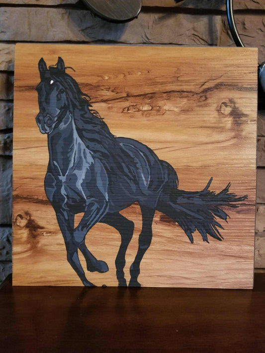Black Stallion On Wood Painting | CG Pure Wash
