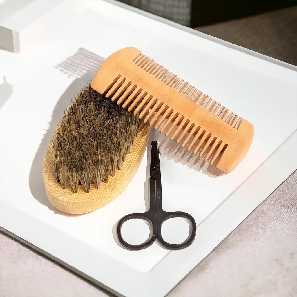 Deluxe Beard Grooming Kit with premium brush, dual-sided comb, and precision scissors.