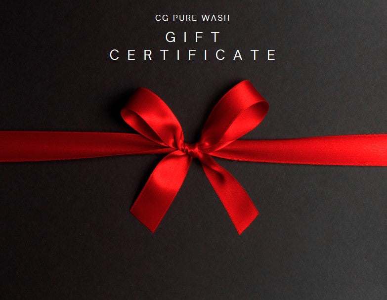 CG Pure Wash Gift Card with red ribbon on black background.