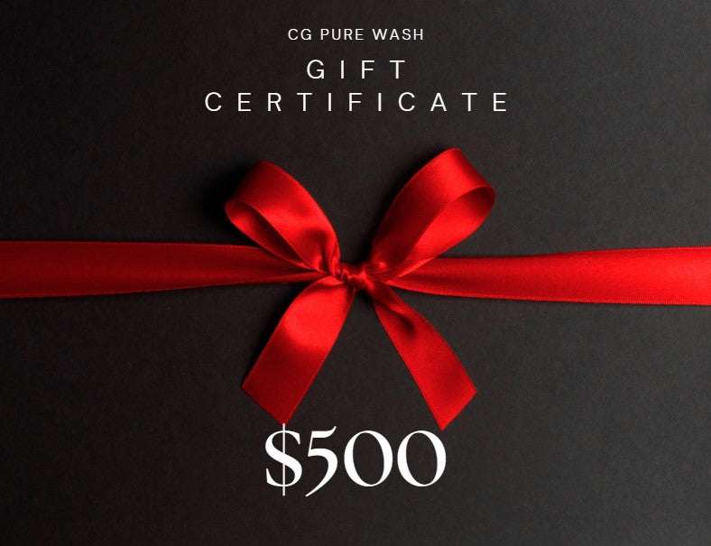 Pure Wash Gift Card with red ribbon on black background, valued at $500.