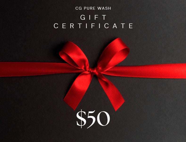 Pure Wash Gift Card with red ribbon, valued at $50.