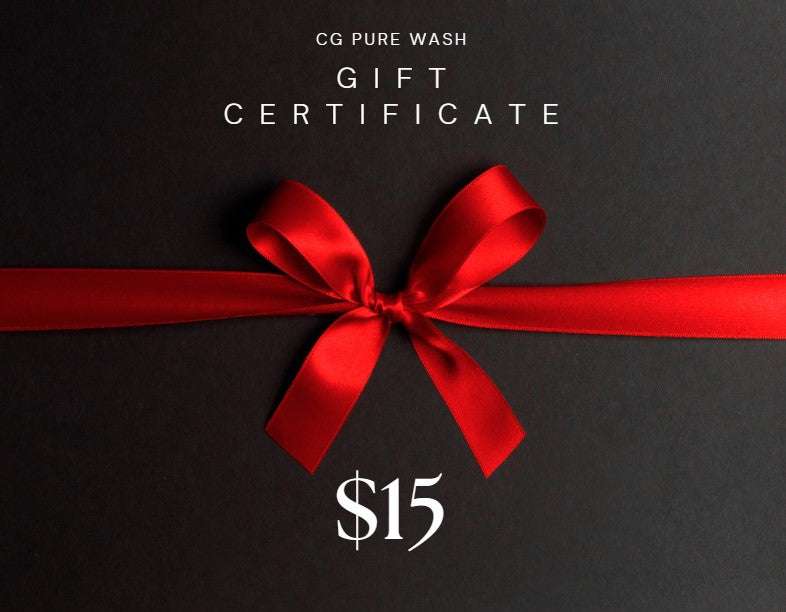 CG Pure Wash Gift Certificate with red ribbon on black background, $15 value.