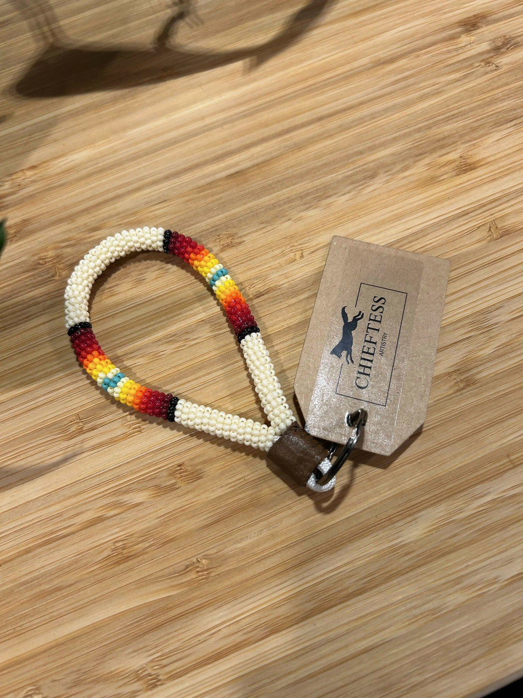 SUNRISE Beaded Mini Keychain with red to turquoise fade and leather loop.