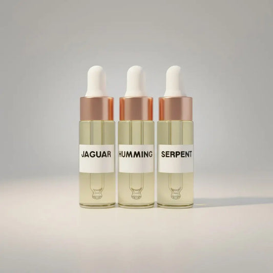 Three clear glass dropper bottles with rose gold caps in a mini perfume oil set for travel size perfume oils