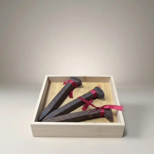 Three dark rustic wrought iron nails tied with red ribbons in a wooden box protection crystal spikes set