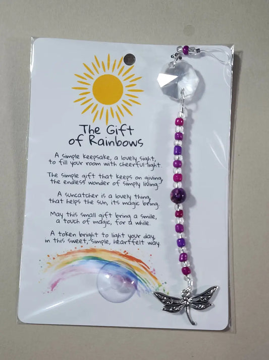 A 4 small dragon silver dragonfly sun catcher with clear crystal prism and purple pink white beaded chain, canadian made skincare gift