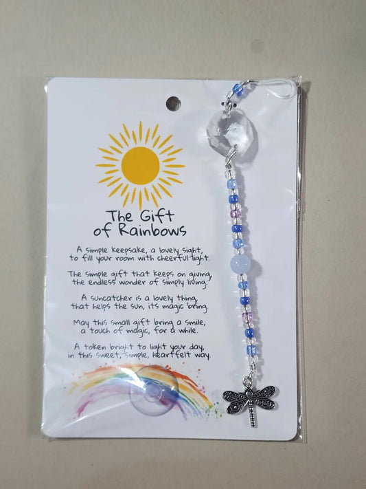 5 small dragon clear faceted crystal sun catcher with blue purple beads and dangling dragonfly charm canadian made skincare accessory
