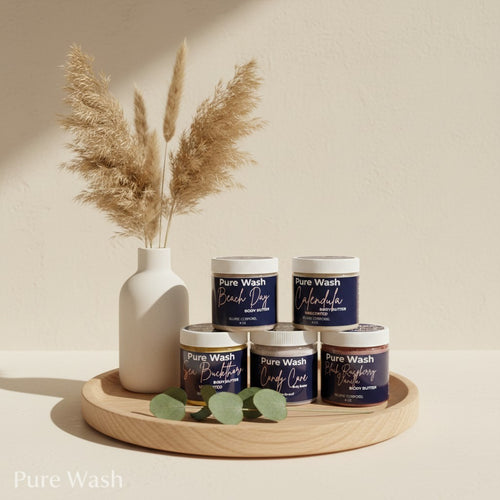 Pure Wash whipped body butter in a glass jar, made with shea, cocoa, coconut and avocado