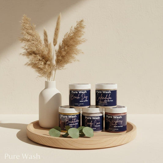 Pure Wash whipped body butter in a glass jar, made with shea, cocoa, coconut and avocado