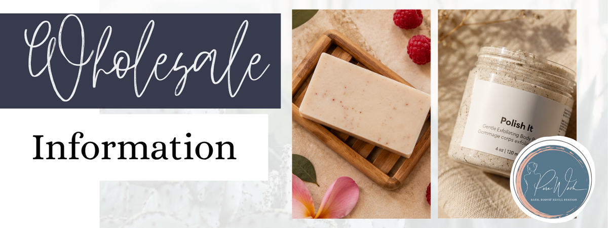 A promotional collage with the words 'Wholesale Information' on the left and three product photos on the right: a bar of soap in a wooden tray, a jar labeled 'Polish It,' and a round logo badge. The layout is designed as an informational banner rather than a clean product listing photo.