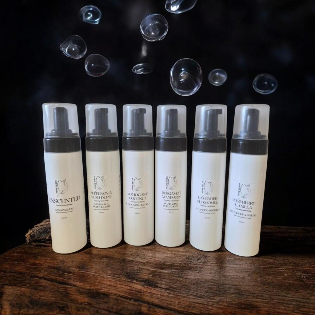 Close-up of Pure Wash foaming hand soap label on pump bottle