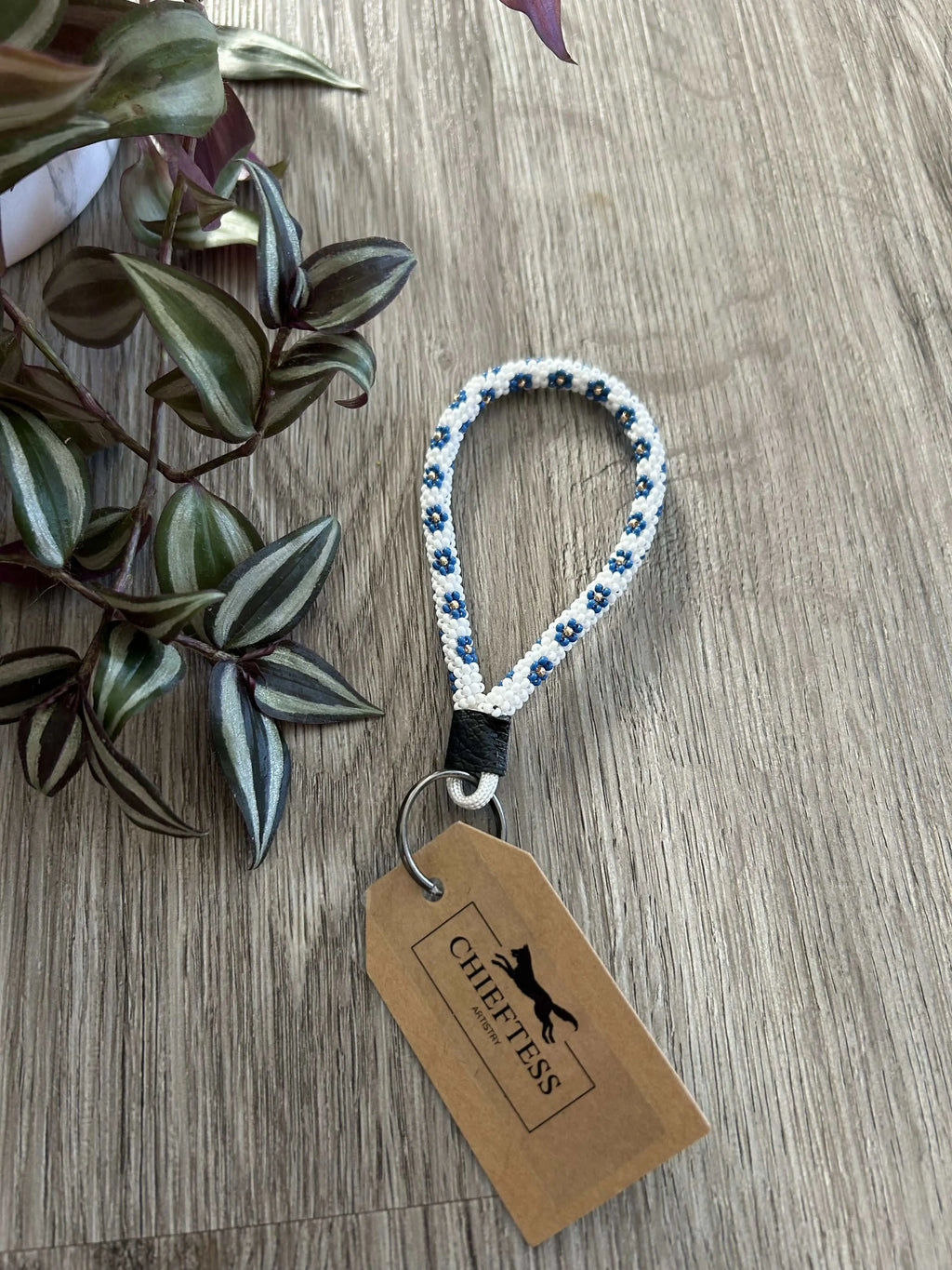 FLORAL Beaded Mini Keychain with bold flowers on white background, genuine leather, 4-inch length.