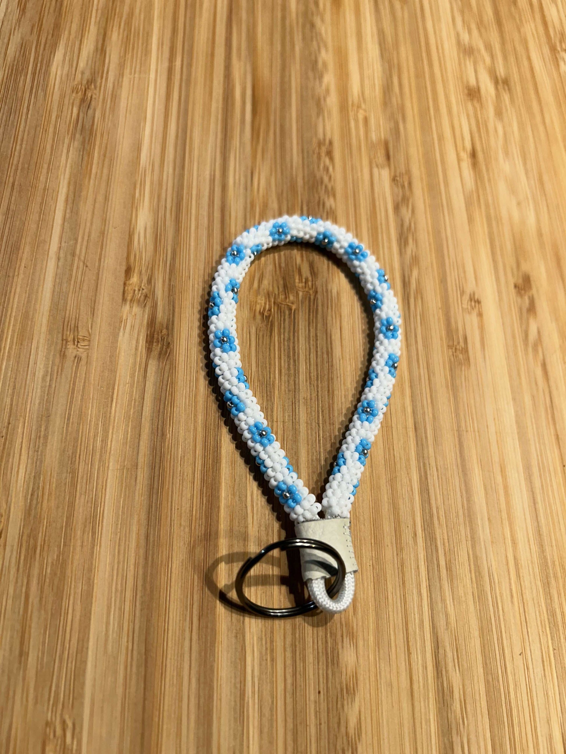 Beaded Mini Keychain - FLORAL, Bold Flowers on White Background