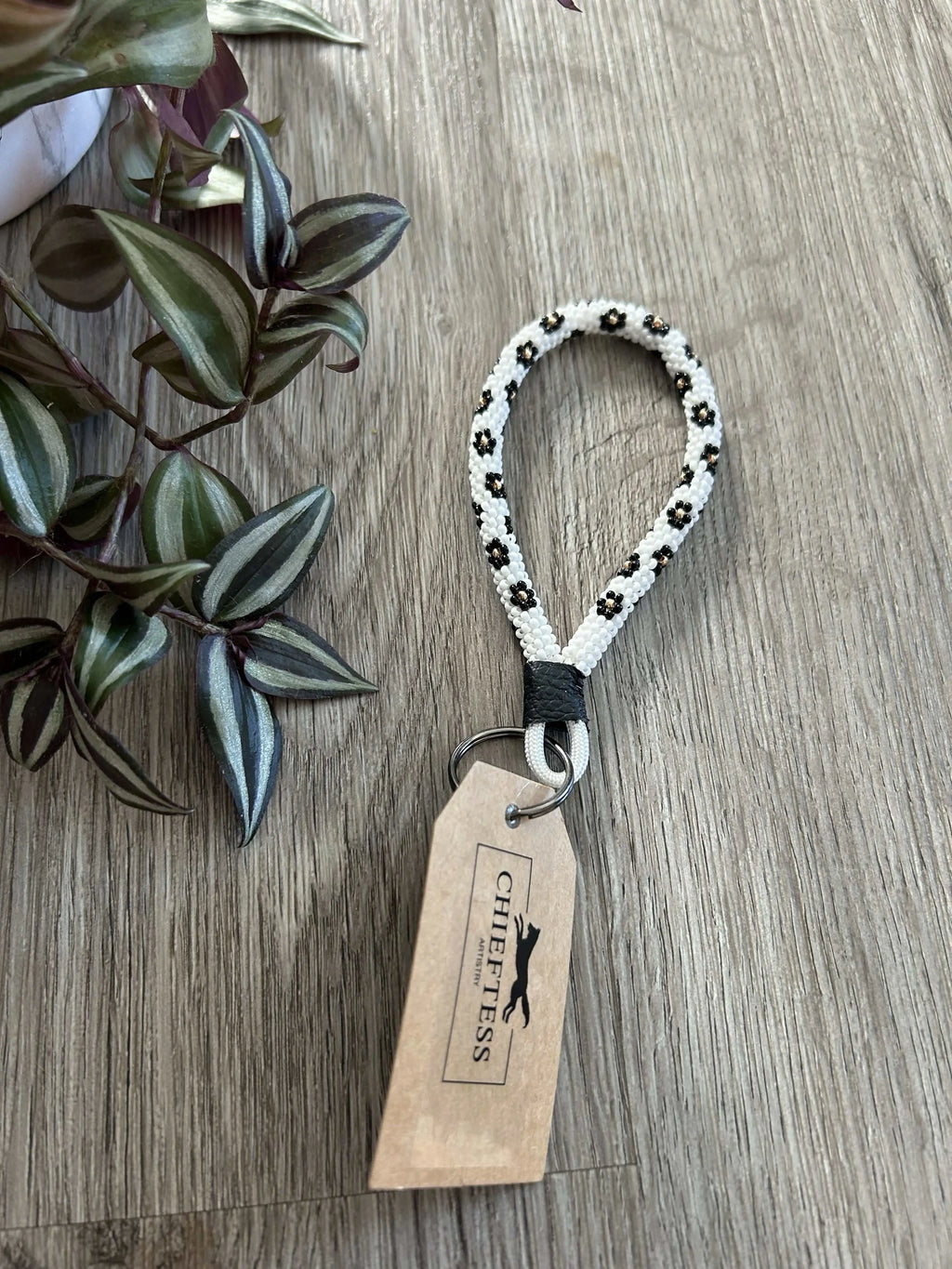 FLORAL Beaded Mini Keychain with bold flowers on white background and leather key ring, 4-inch length.