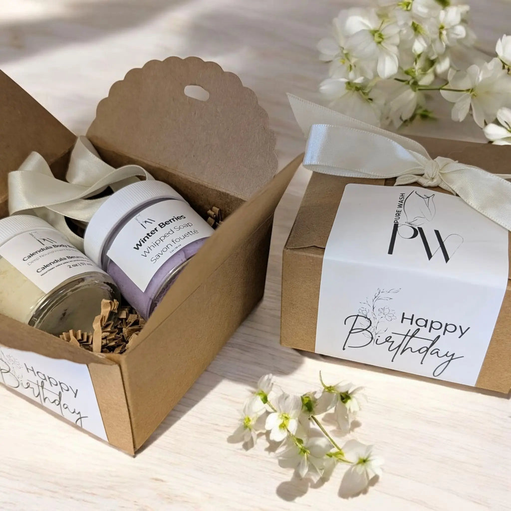 Happy Birthday gift box with Winter Berries Mini Whipped Soap and Calendula Body Butter, featuring natural handcrafted products in a festive package with ribbon.