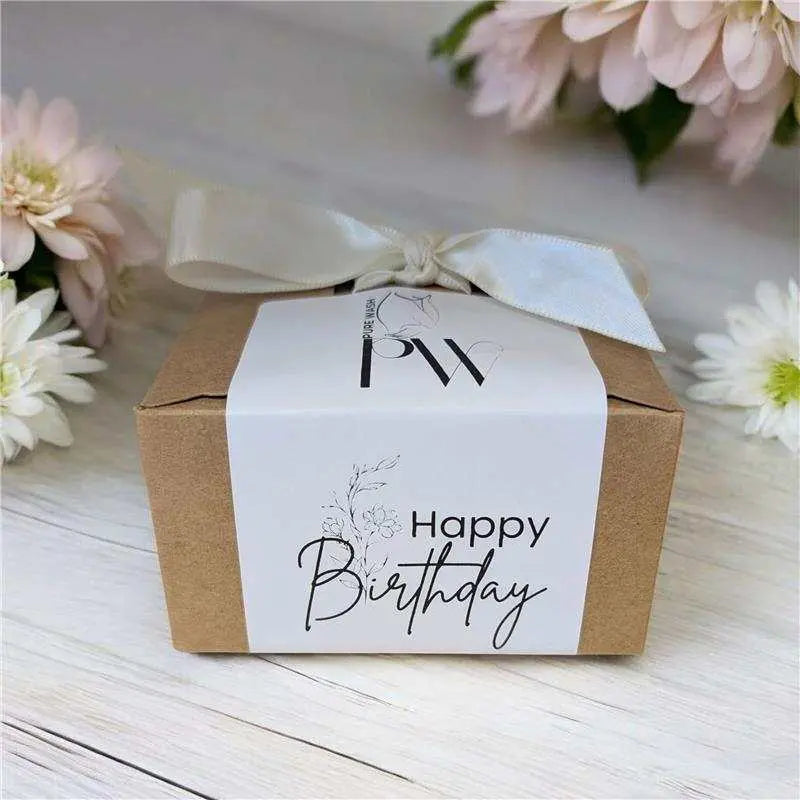 Happy Birthday Gift Box with ribbon and floral decoration.