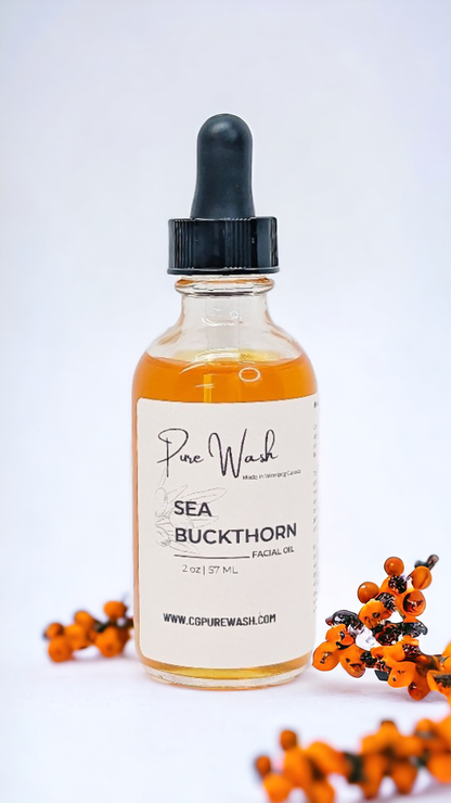 Sea Buckthorn Facial Oil bottle with pipette, surrounded by sea buckthorn berries, promoting natural skincare benefits.