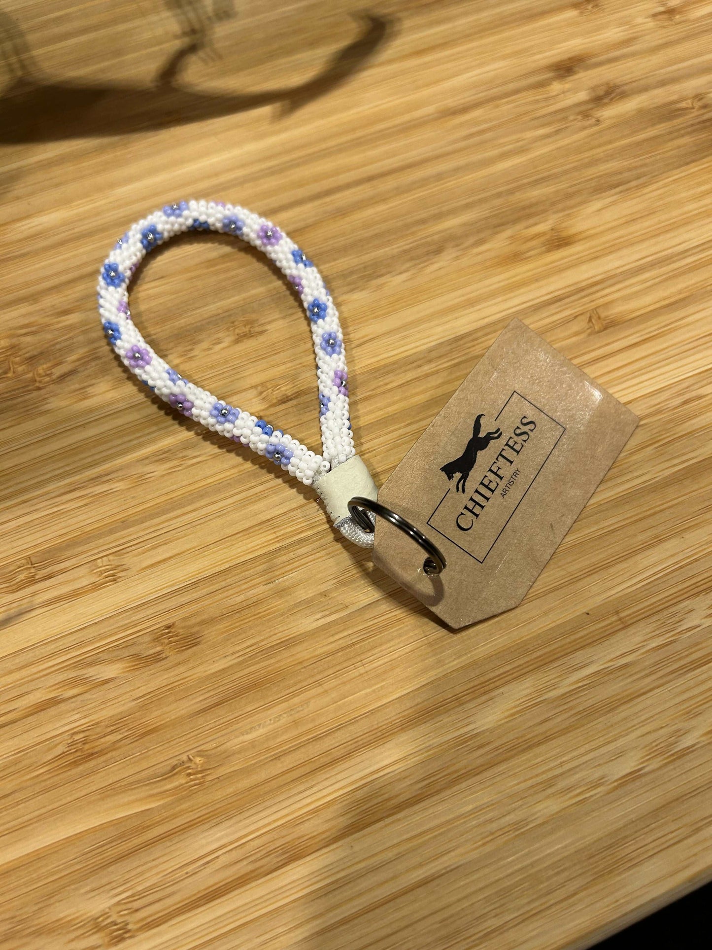 Beaded Mini Keychain - FLORAL, Bold Flowers on White Background
