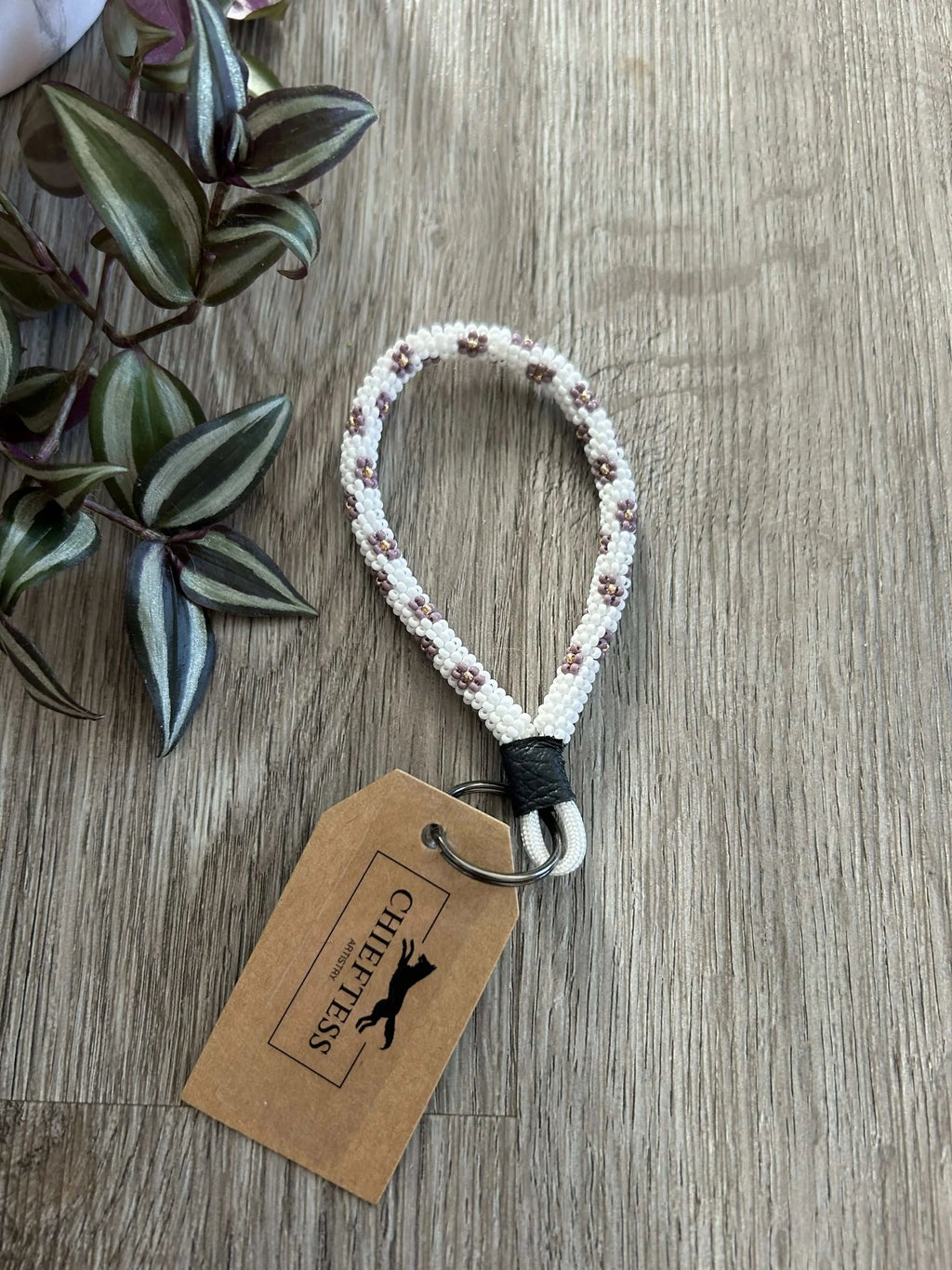 FLORAL Beaded Mini Keychain with bold flowers on white background, genuine leather, key ring.