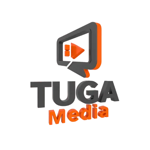 Tuga Media logo, a 3D grey speaker with an orange play button.