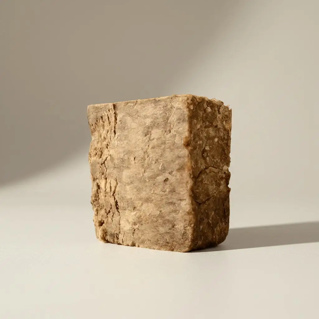A rustic beige raw african black soap bar with rough texture and cracks highlighting african black soap benefits for acne
