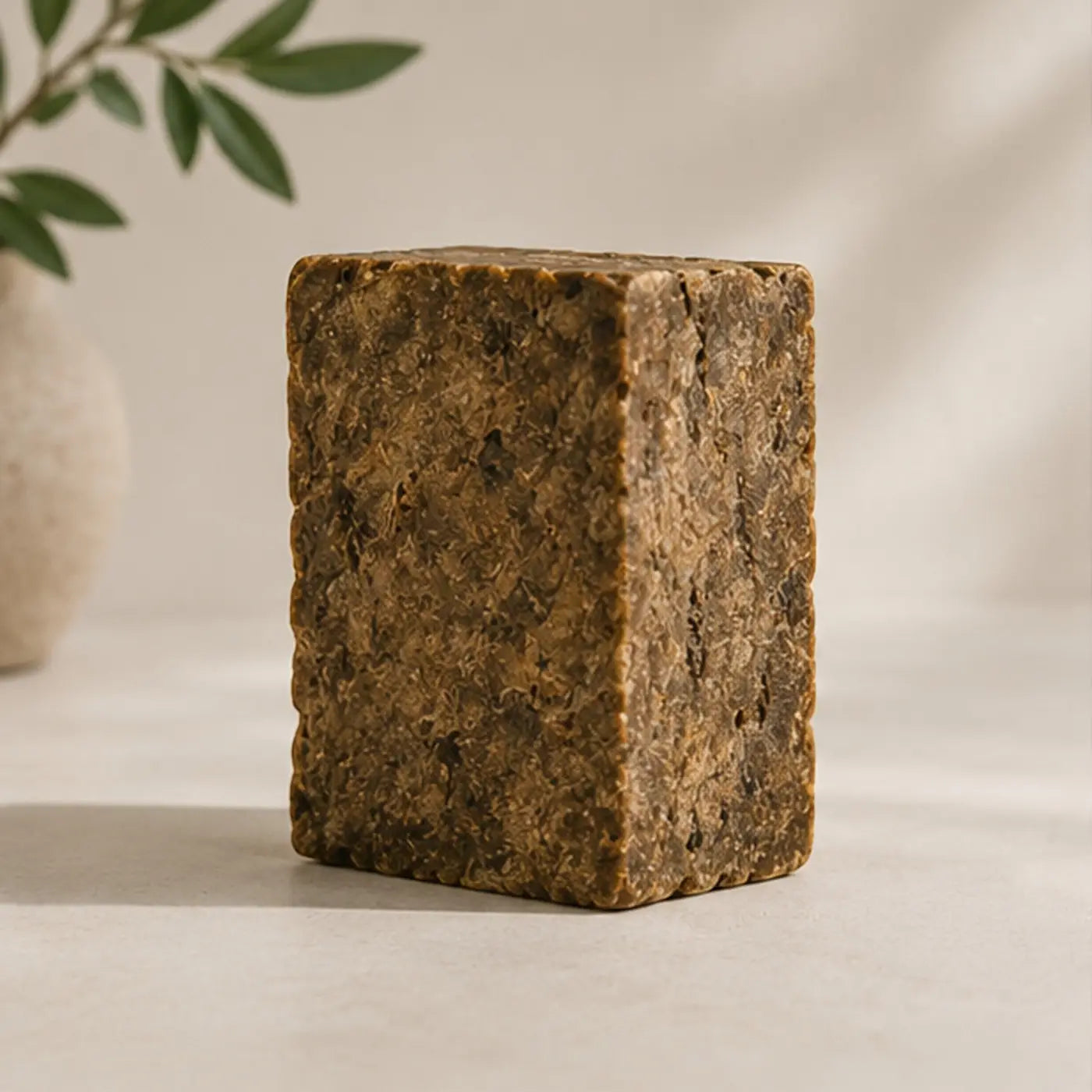 A rustic earthy brown african black soap bar with textured surface and plant matter highlighting african black soap benefits