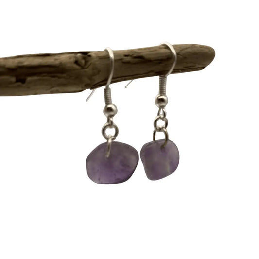 Amethyst earrings with natural amethyst gemstones and stainless steel fish hooks featuring small spherical beads handcrafted
