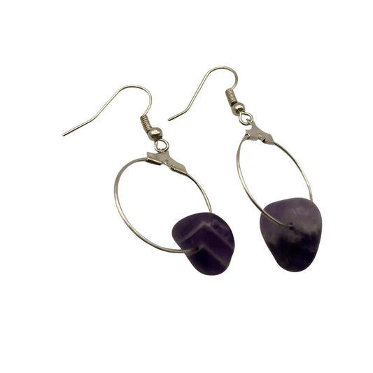 Silver hoop amethyst gemstone earrings with smooth teardrop-shaped natural purple amethyst gemstones handcrafted