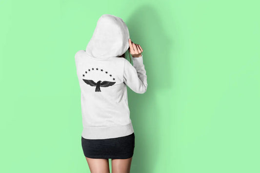 White hooded azores crew crew neck sweater with black eagle star graphic on back cotton polyester blend pre order only
