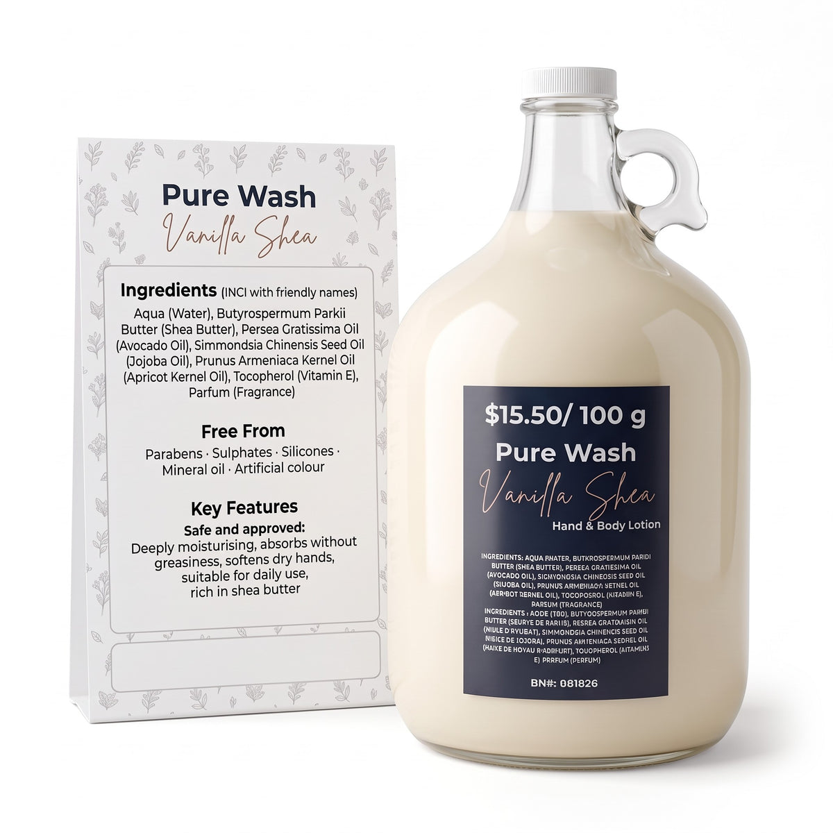 Pure Wash Vanilla Shea body lotion refill, sold by weight at the Winnipeg refill station