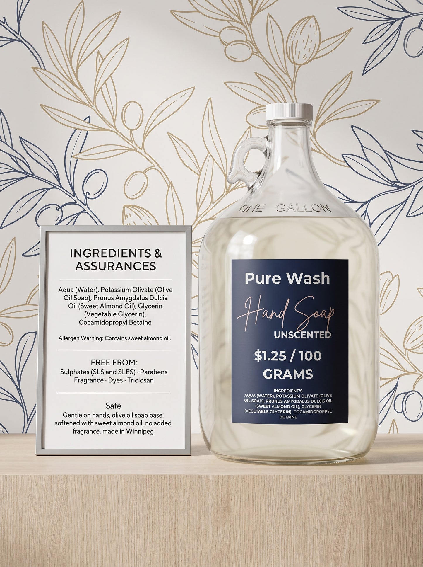 Pure Wash unscented liquid hand soap, refilled from a one-gallon jug in store