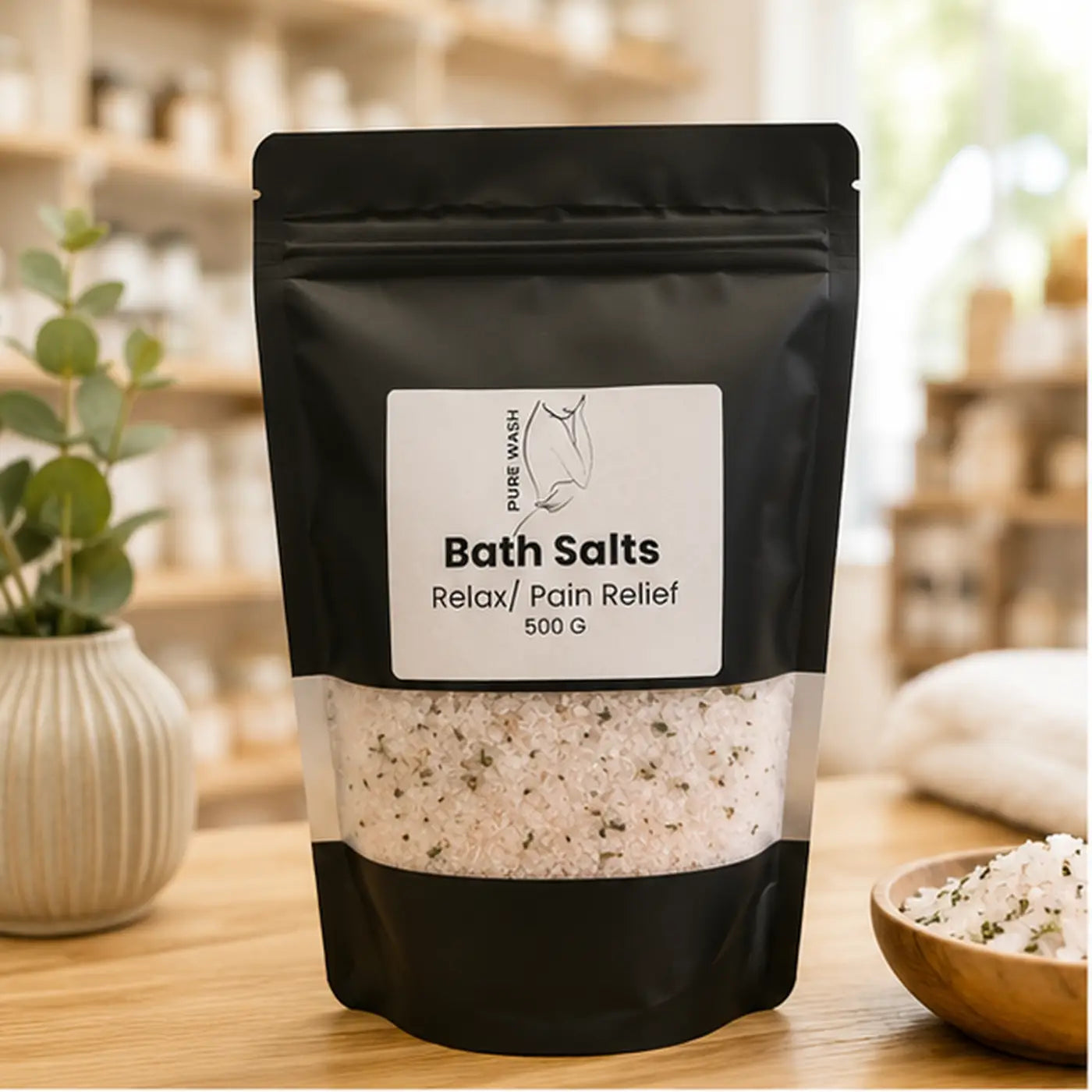 A black resealable pouch of pure wash bath salts with translucent crystals for pain relief in canadian made skincare