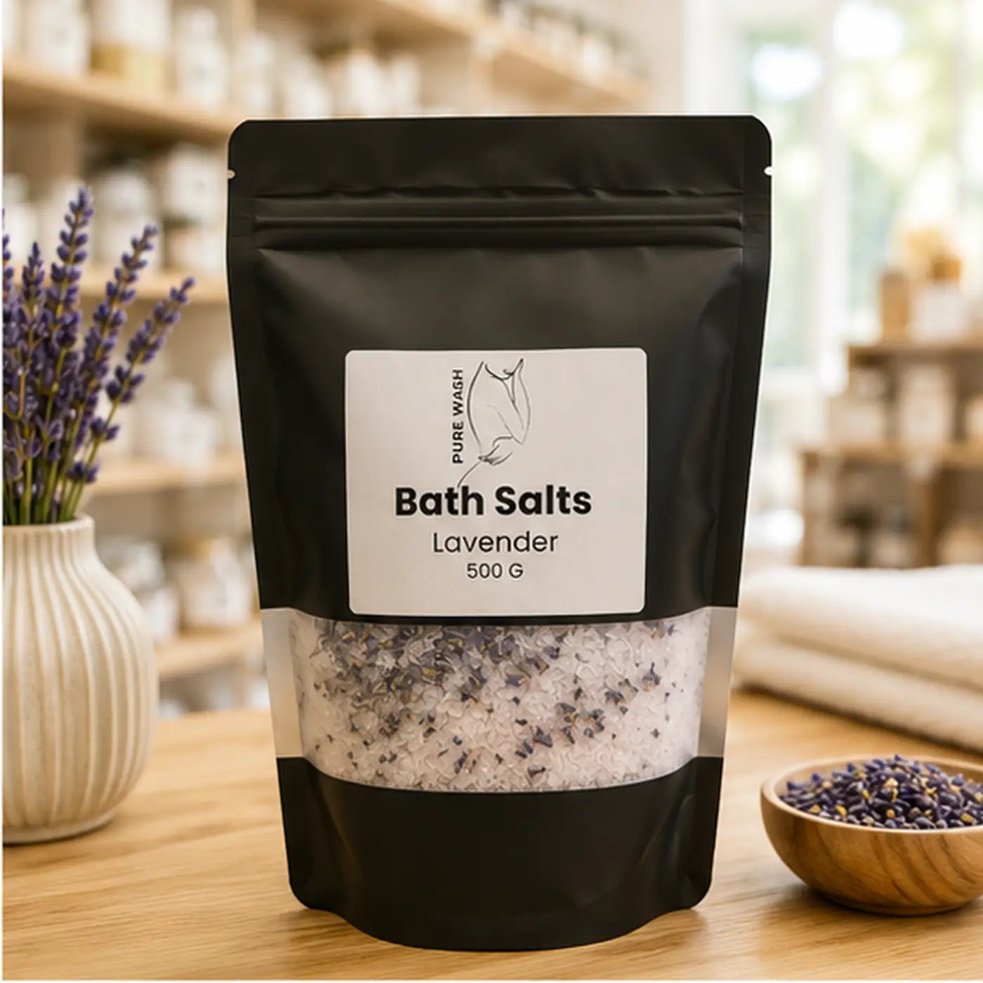 Black resealable pouch of pure wagh lavender bath salts 500g with window showing white and purple crystals, canadian made skincare