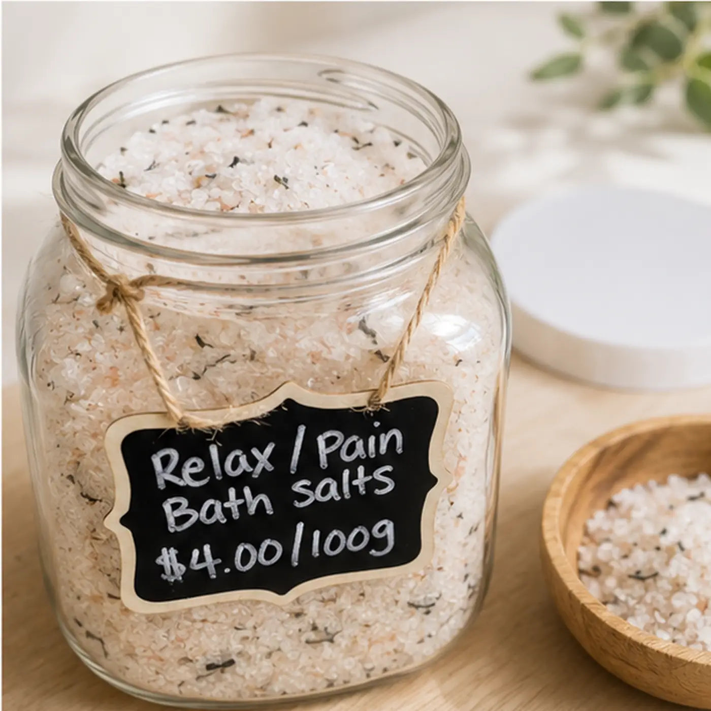 A clear glass jar of white bath salts with dark green herbs and a relax pain label for canadian made skincare refill