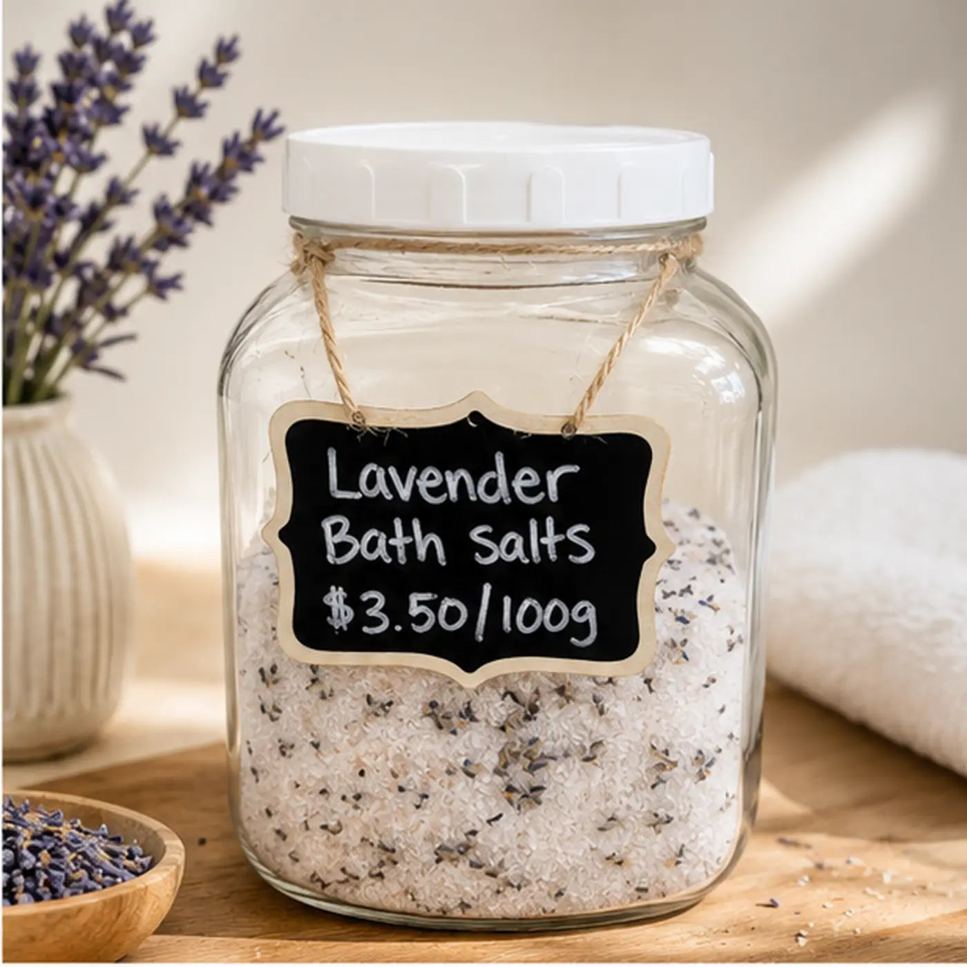 Clear glass jar with white lid and twine chalkboard label filled with lavender bath salts for natural skincare canada