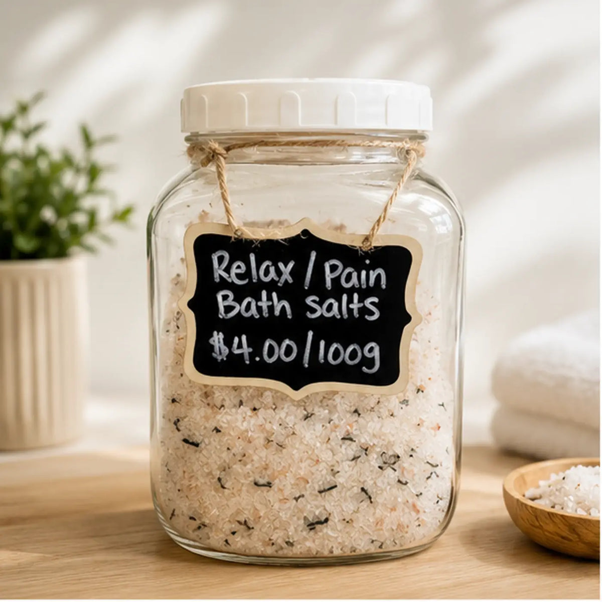 Clear glass jar of white bath salts flecked with dark botanicals, filled at the in-store station.