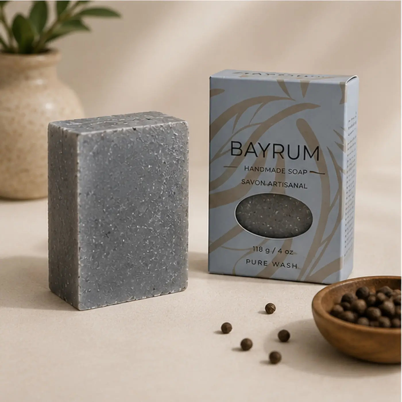 Gray speckled bay rum soap bar in light blue bayrum handmade soap box made with sodium shea butterate