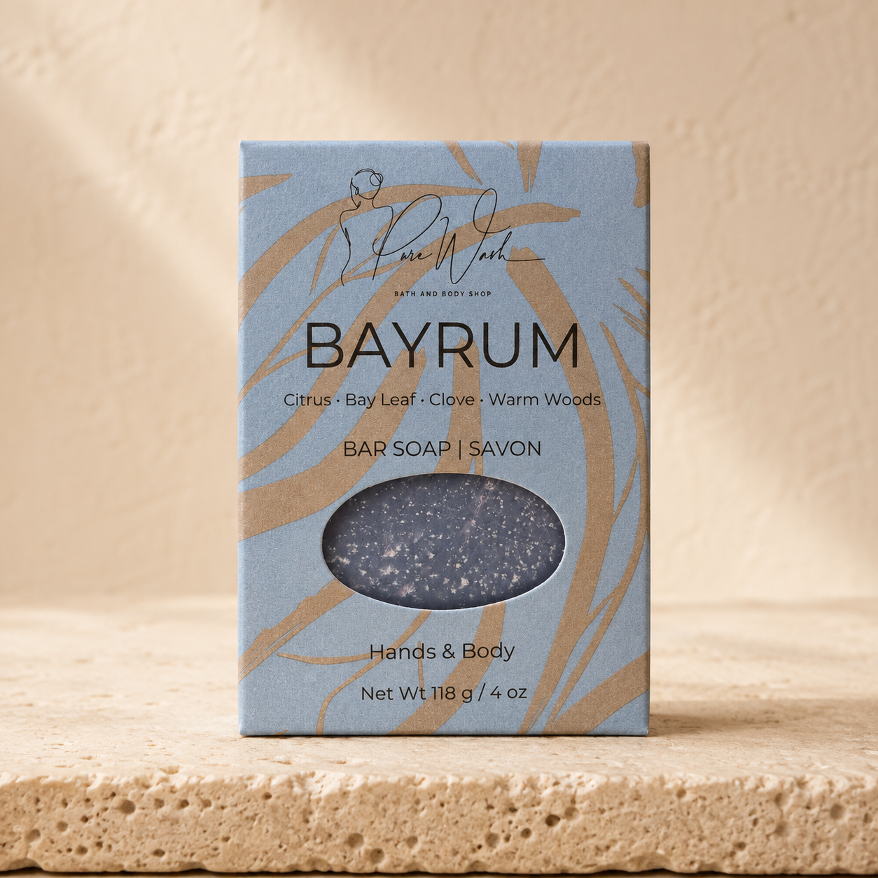 Bay Rum soap bar by Pure Wash, a firm bar that whips up a dense shaving lather