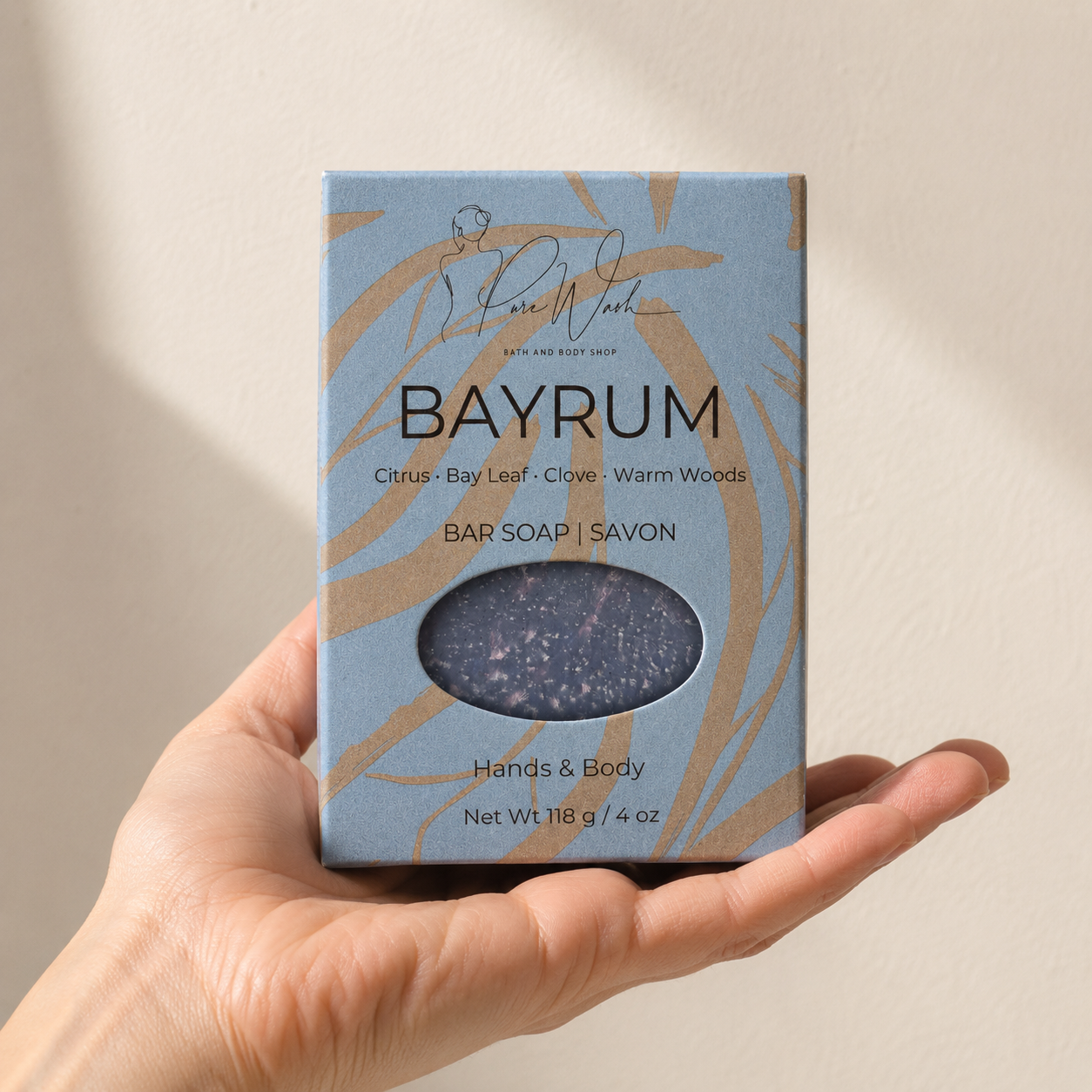 Bay Rum soap bar by Pure Wash, scented with citrus, clove, cinnamon and bay leaf